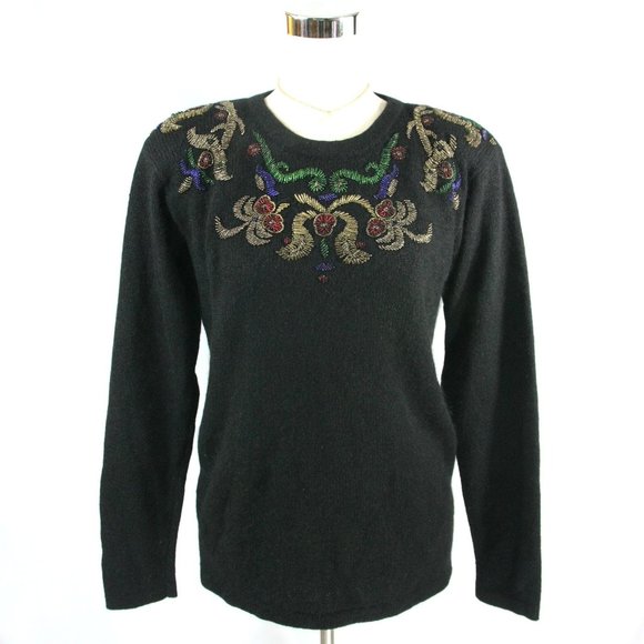 Vintage Silk Angora Wool Fancy Floral Beaded Sweater Black Segue 1980's - Med - Picture 1 of 6